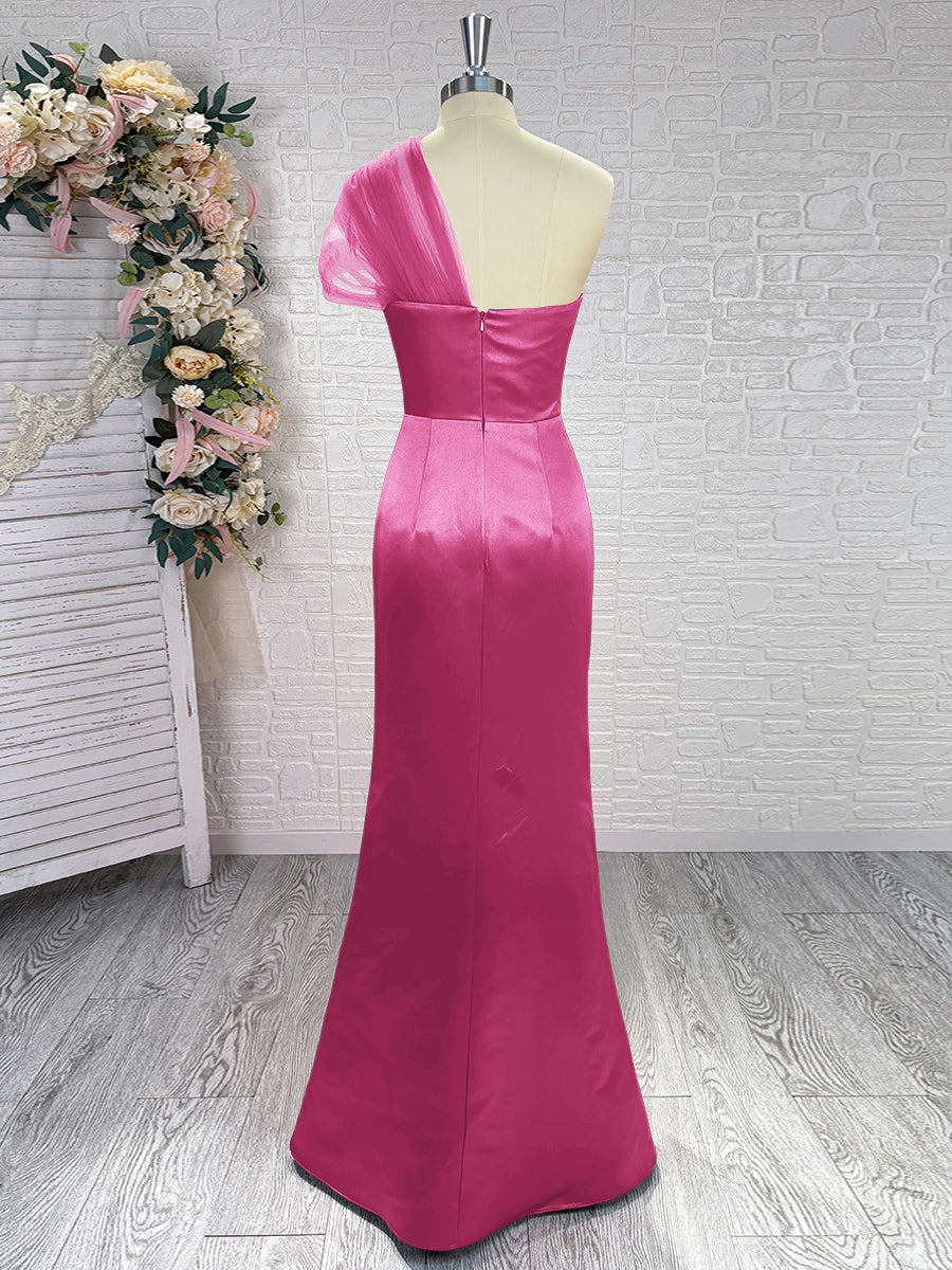 Sheath One-Shoulder Pleated Floor-Length Satin Bridesmaid Dress