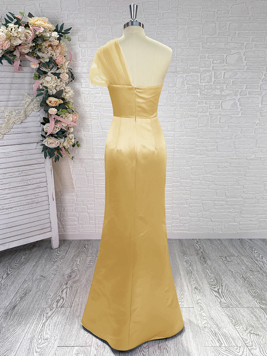 Sheath One-Shoulder Pleated Floor-Length Satin Bridesmaid Dress