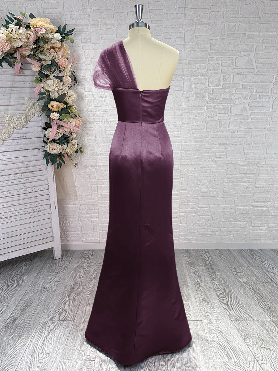 Sheath One-Shoulder Pleated Floor-Length Satin Bridesmaid Dress