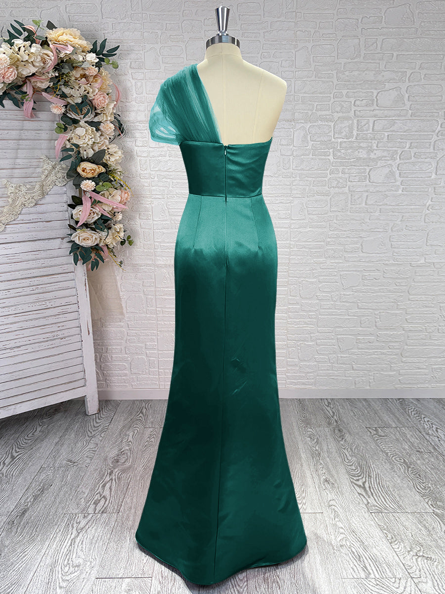 Sheath One-Shoulder Pleated Floor-Length Satin Bridesmaid Dress
