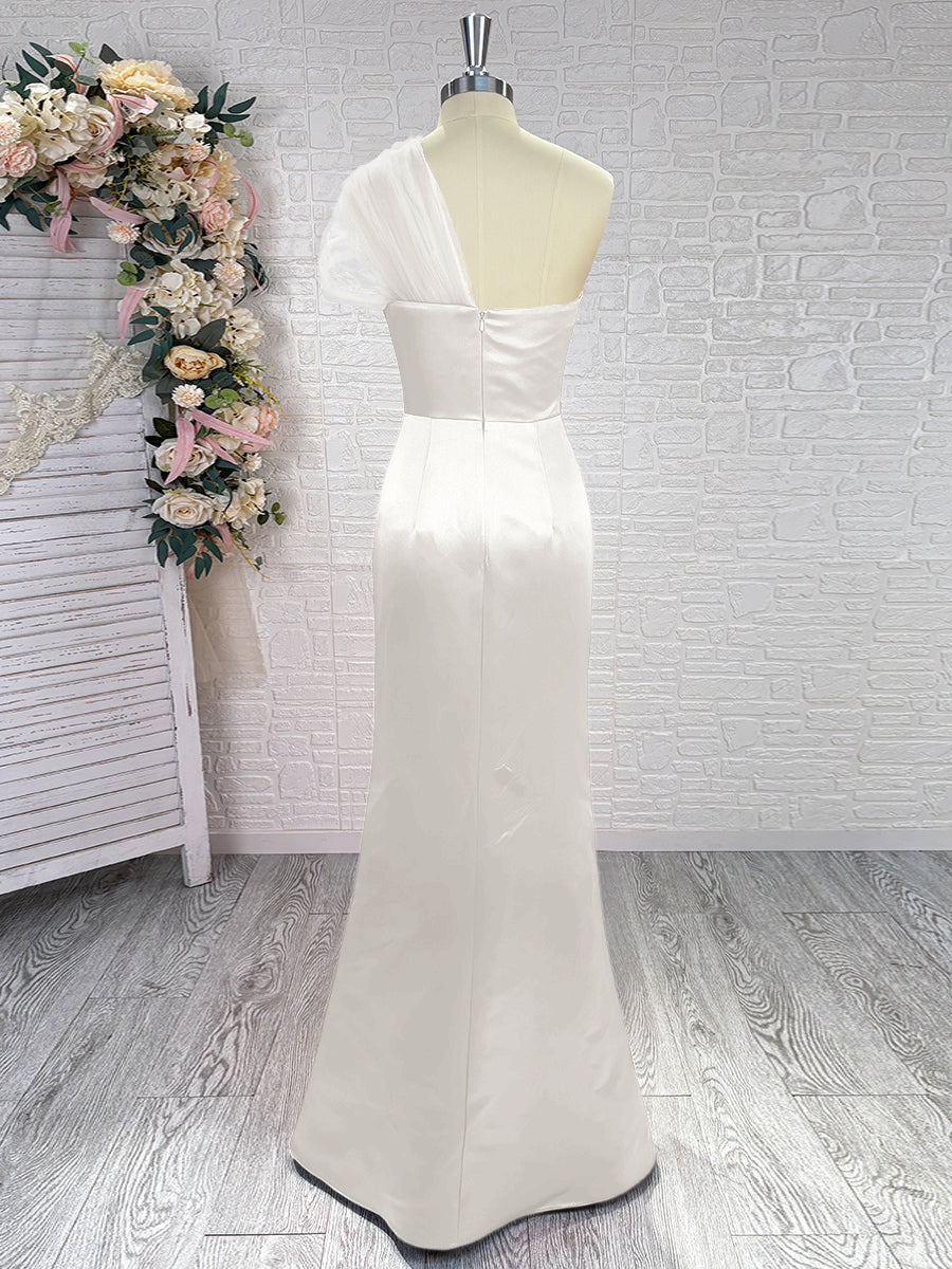Sheath One-Shoulder Pleated Floor-Length Satin Bridesmaid Dress