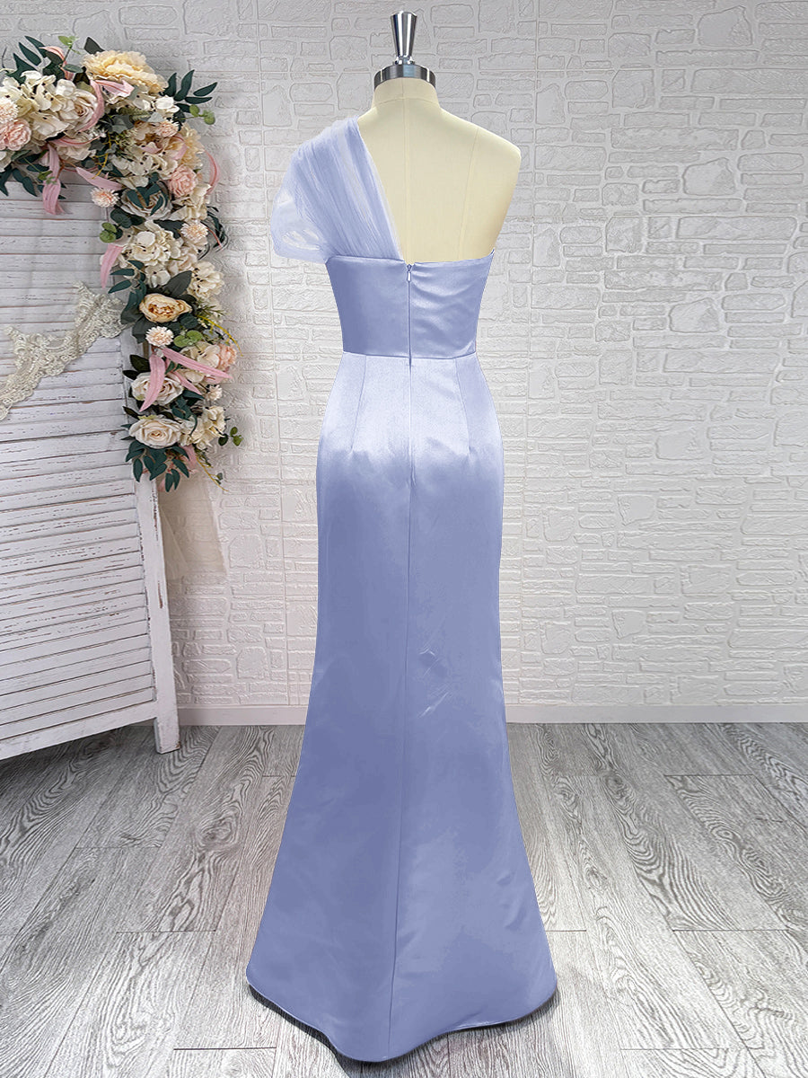 Sheath One-Shoulder Pleated Floor-Length Satin Bridesmaid Dress