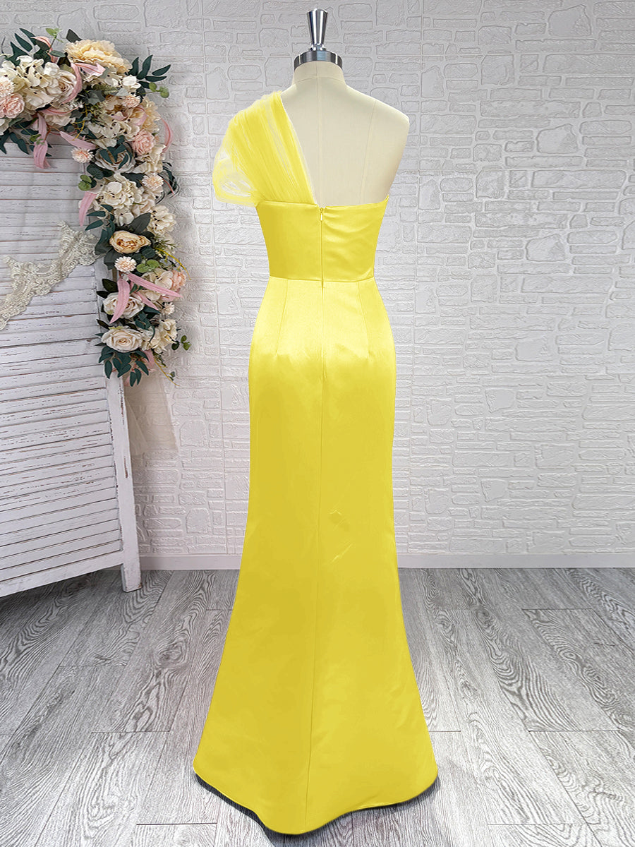 Sheath One-Shoulder Pleated Floor-Length Satin Bridesmaid Dress