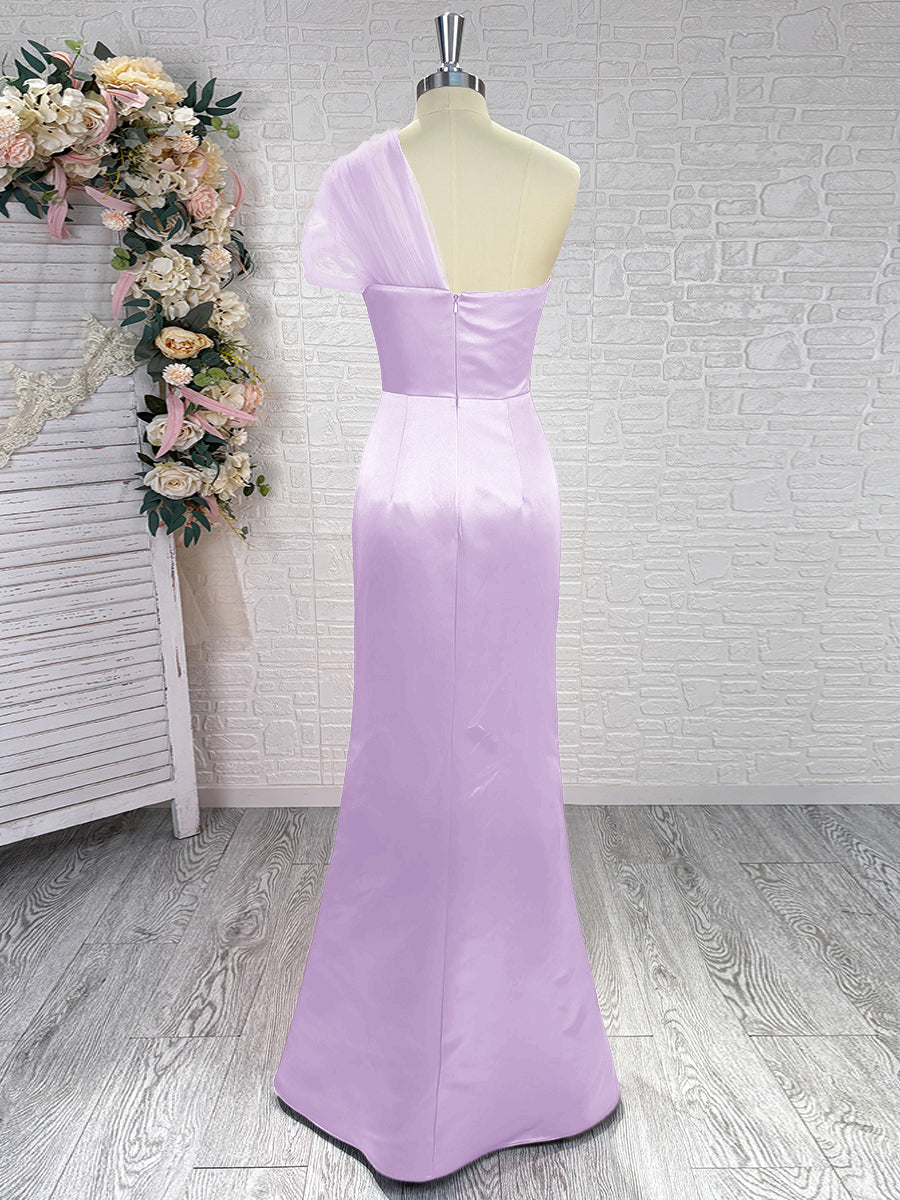Sheath One-Shoulder Pleated Floor-Length Satin Bridesmaid Dress