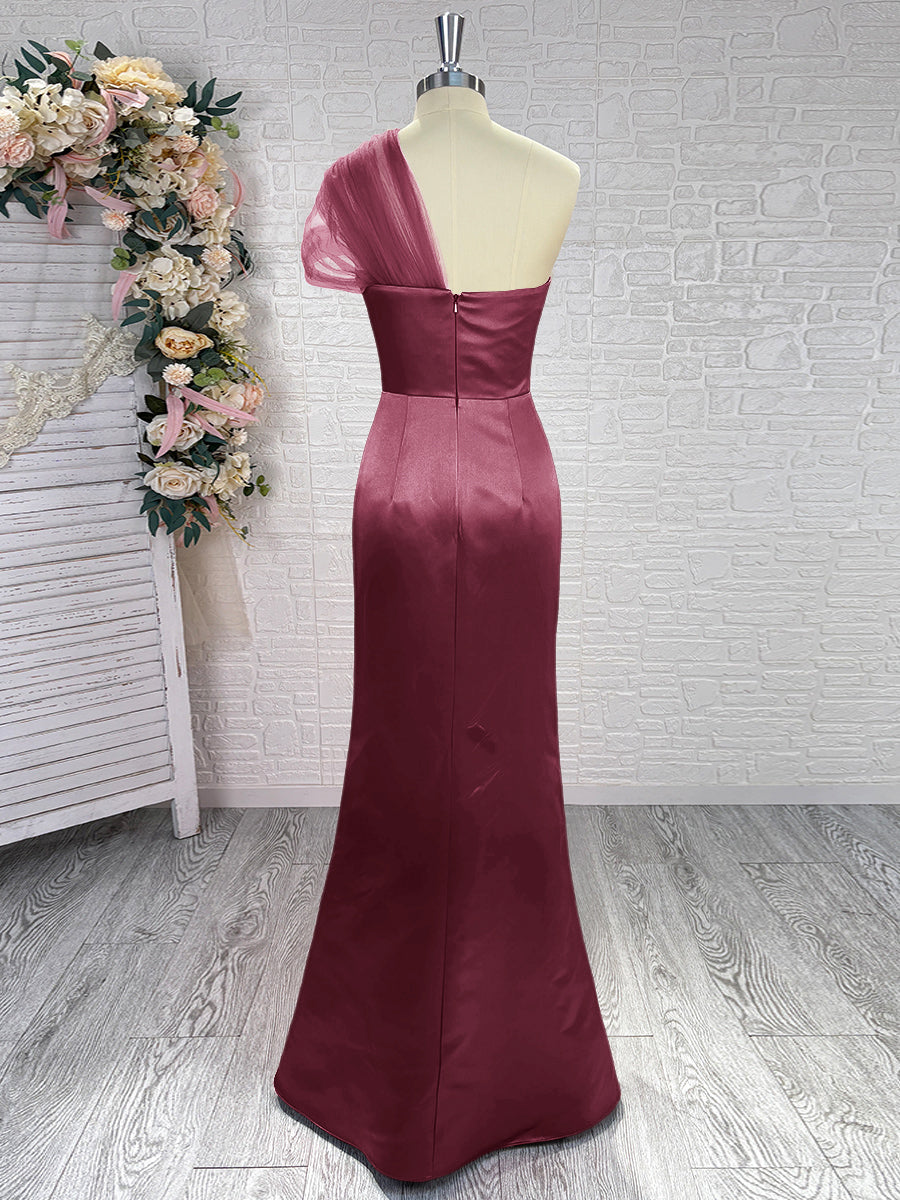 Sheath One-Shoulder Pleated Floor-Length Satin Bridesmaid Dress
