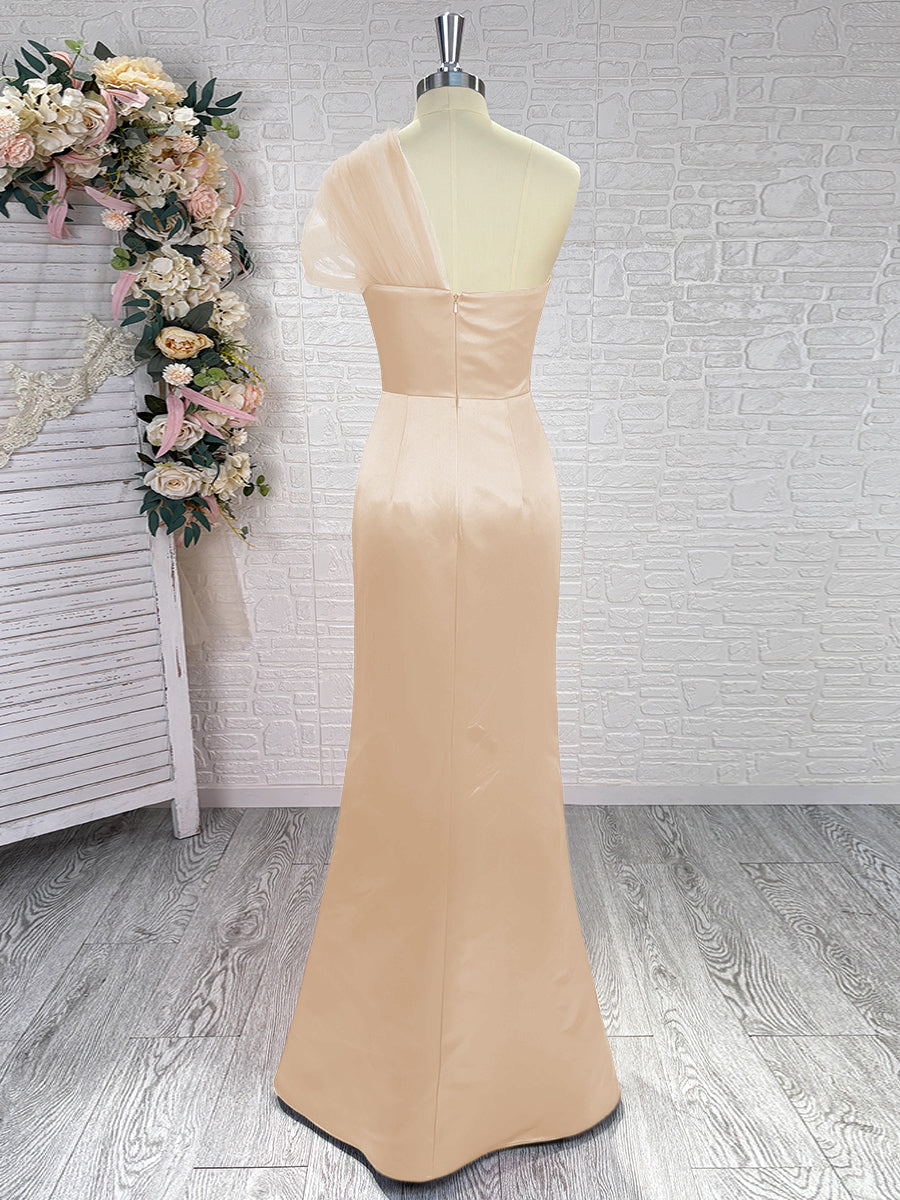 Sheath One-Shoulder Pleated Floor-Length Satin Bridesmaid Dress