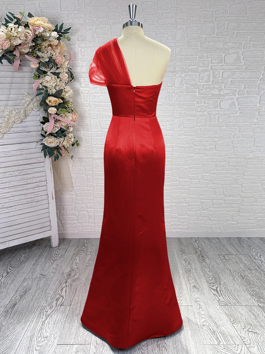 Sheath One-Shoulder Pleated Floor-Length Satin Bridesmaid Dress