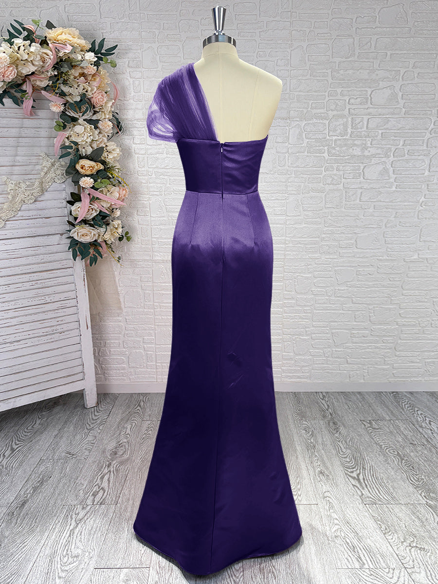 Sheath One-Shoulder Pleated Floor-Length Satin Bridesmaid Dress
