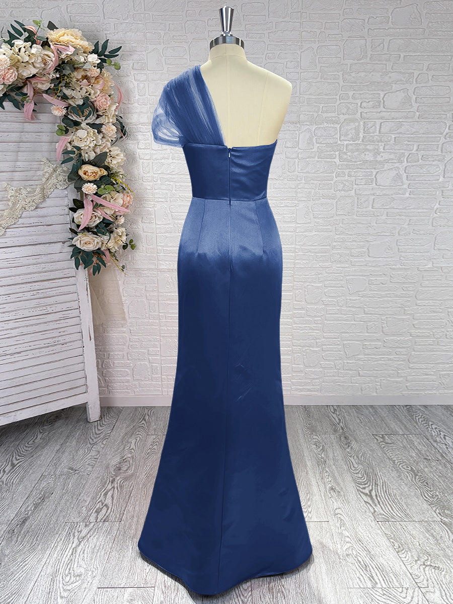 Sheath One-Shoulder Pleated Floor-Length Satin Bridesmaid Dress
