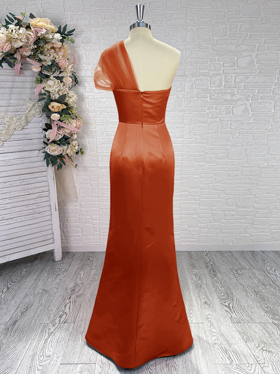 Sheath One-Shoulder Pleated Floor-Length Satin Bridesmaid Dress