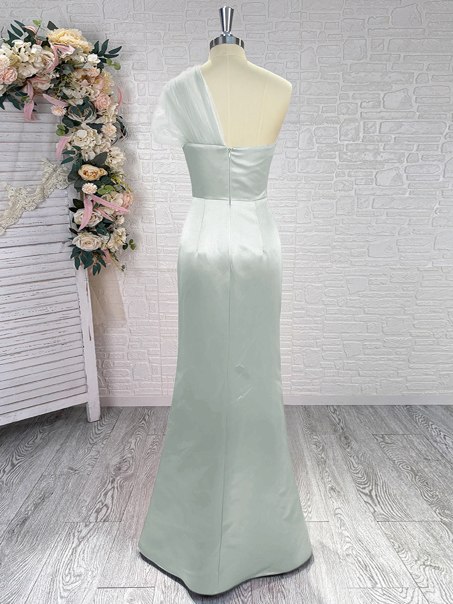 Sheath One-Shoulder Pleated Floor-Length Satin Bridesmaid Dress