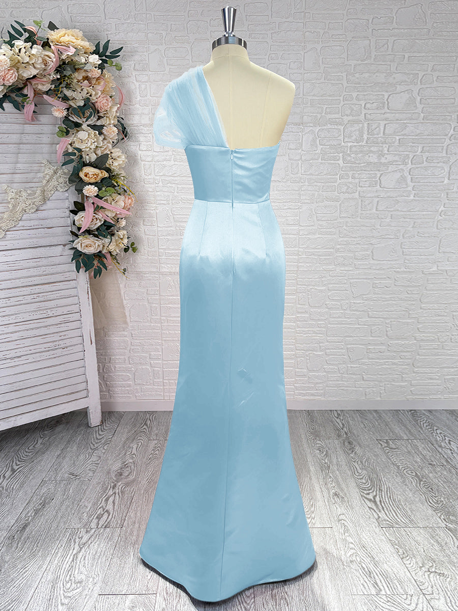 Sheath One-Shoulder Pleated Floor-Length Satin Bridesmaid Dress
