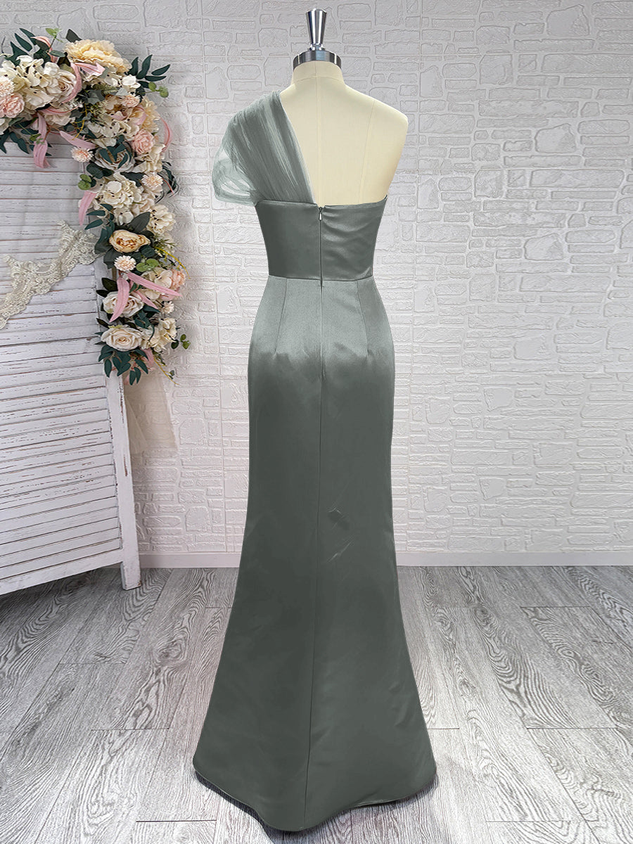 Sheath One-Shoulder Pleated Floor-Length Satin Bridesmaid Dress