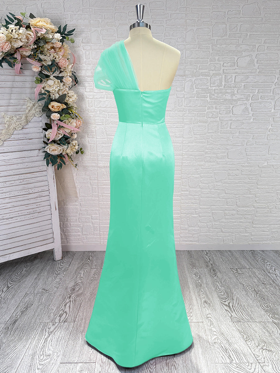 Sheath One-Shoulder Pleated Floor-Length Satin Bridesmaid Dress
