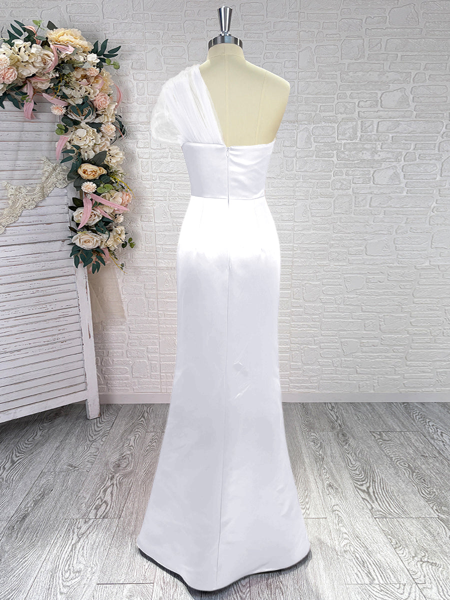 Sheath One-Shoulder Pleated Floor-Length Satin Bridesmaid Dress