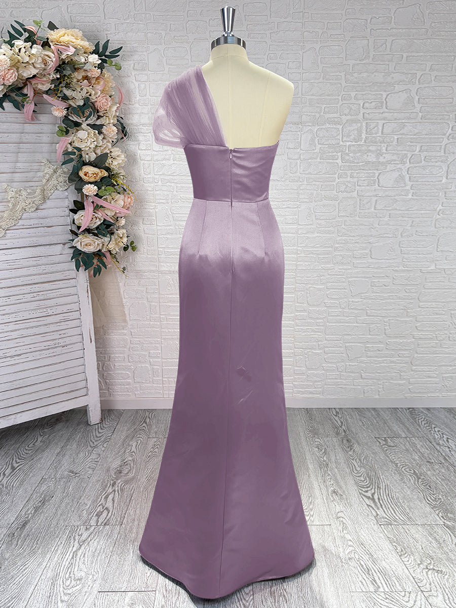 Sheath One-Shoulder Pleated Floor-Length Satin Bridesmaid Dress