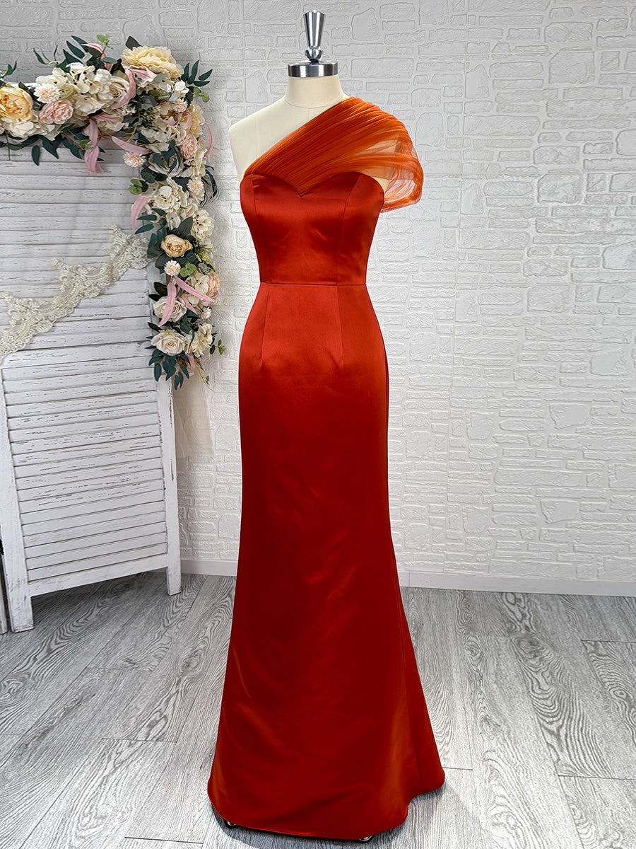 Sheath One-Shoulder Pleated Floor-Length Satin Bridesmaid Dress