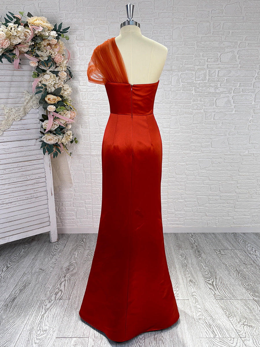 Sheath One-Shoulder Pleated Floor-Length Satin Bridesmaid Dress