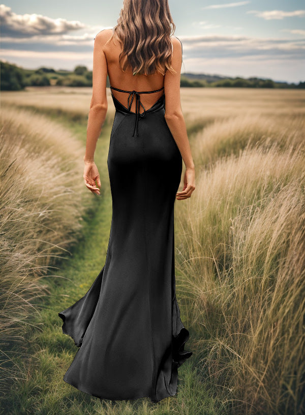 Sheath V-neck Pleated Sweep Train Silk Like Satin Bridesmaid Dress