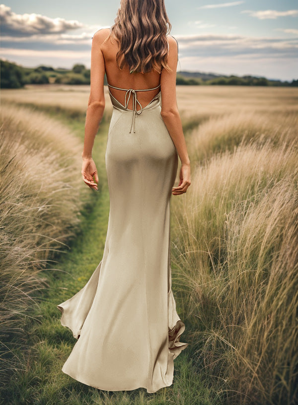 Sheath V-neck Pleated Sweep Train Silk Like Satin Bridesmaid Dress