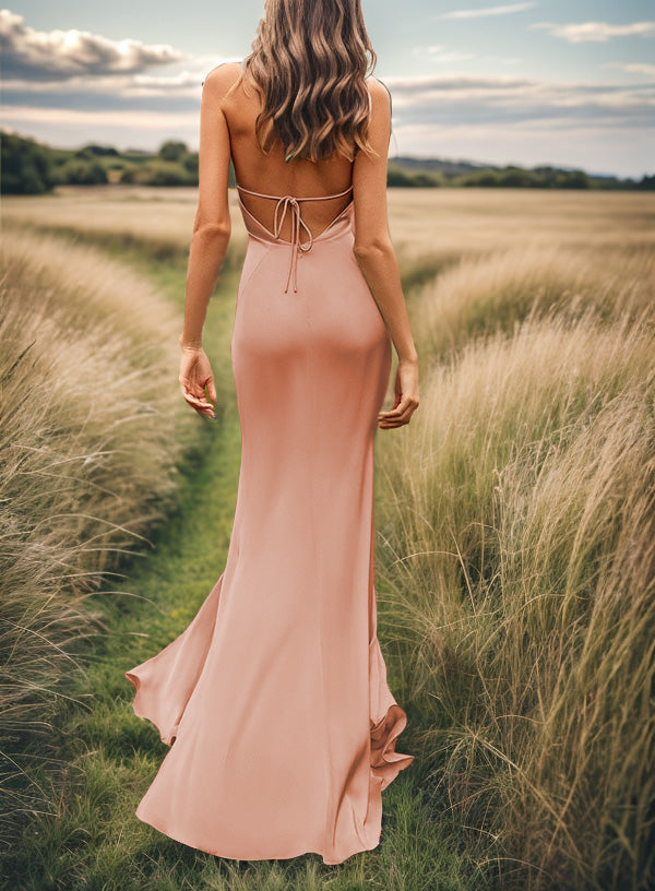Sheath V-neck Pleated Sweep Train Silk Like Satin Bridesmaid Dress