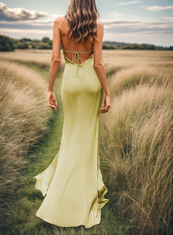 Sheath V-neck Pleated Sweep Train Silk Like Satin Bridesmaid Dress