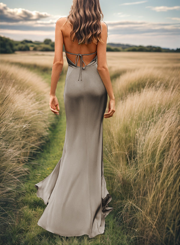 Sheath V-neck Pleated Sweep Train Silk Like Satin Bridesmaid Dress