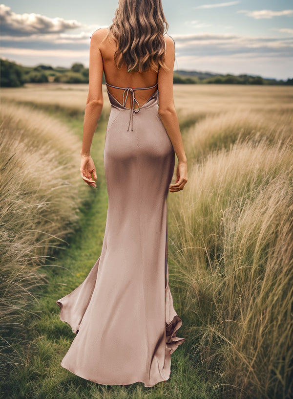 Sheath V-neck Pleated Sweep Train Silk Like Satin Bridesmaid Dress