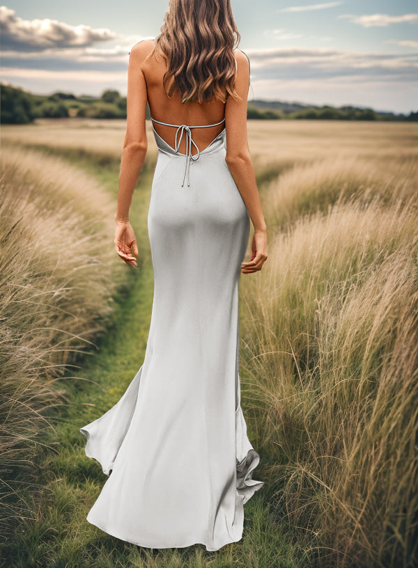 Sheath V-neck Pleated Sweep Train Silk Like Satin Bridesmaid Dress