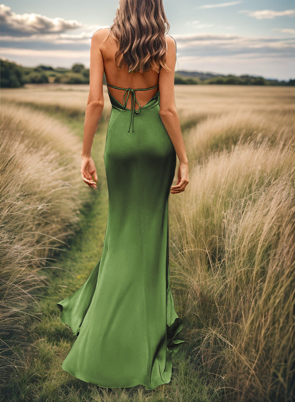 Sheath V-neck Pleated Sweep Train Silk Like Satin Bridesmaid Dress