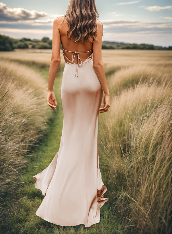 Sheath V-neck Pleated Sweep Train Silk Like Satin Bridesmaid Dress