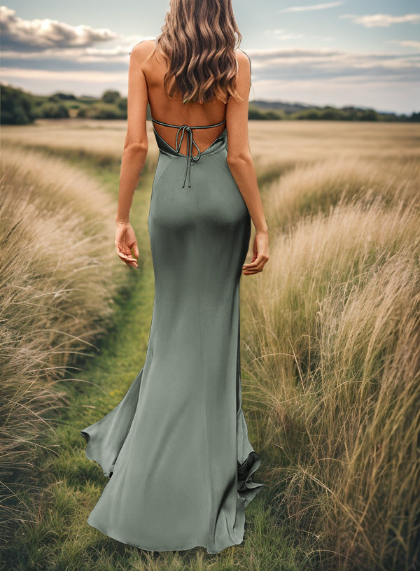 Sheath V-neck Pleated Sweep Train Silk Like Satin Bridesmaid Dress