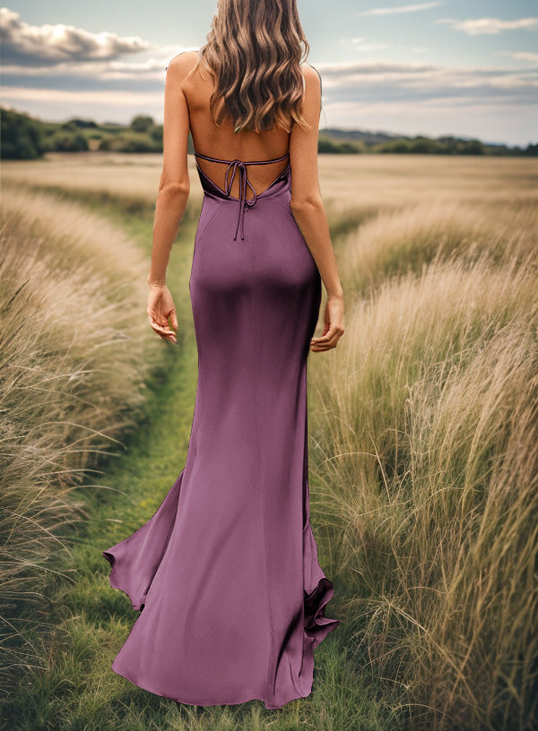 Sheath V-neck Pleated Sweep Train Silk Like Satin Bridesmaid Dress