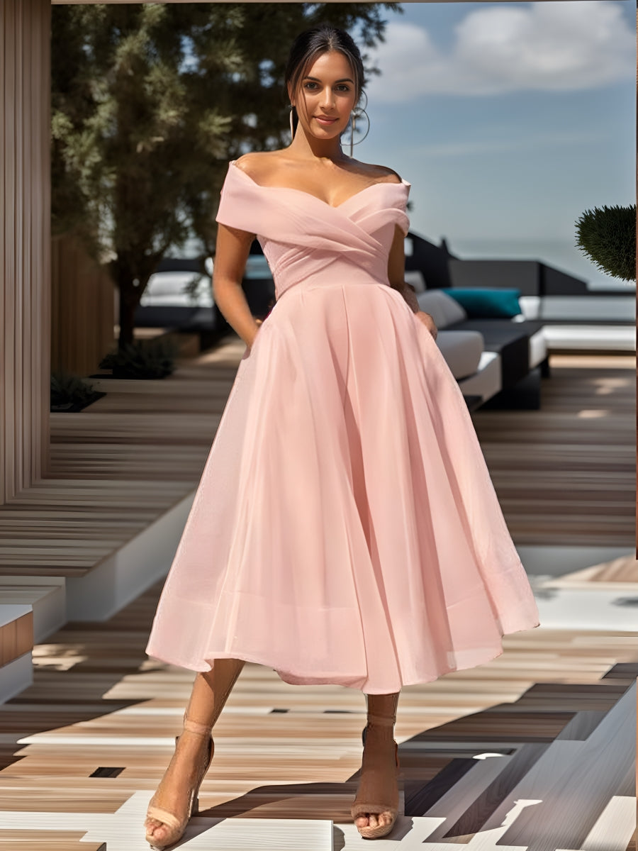 A-line Off-the-Shoulder Ruffles Tea-Length Organza Dress