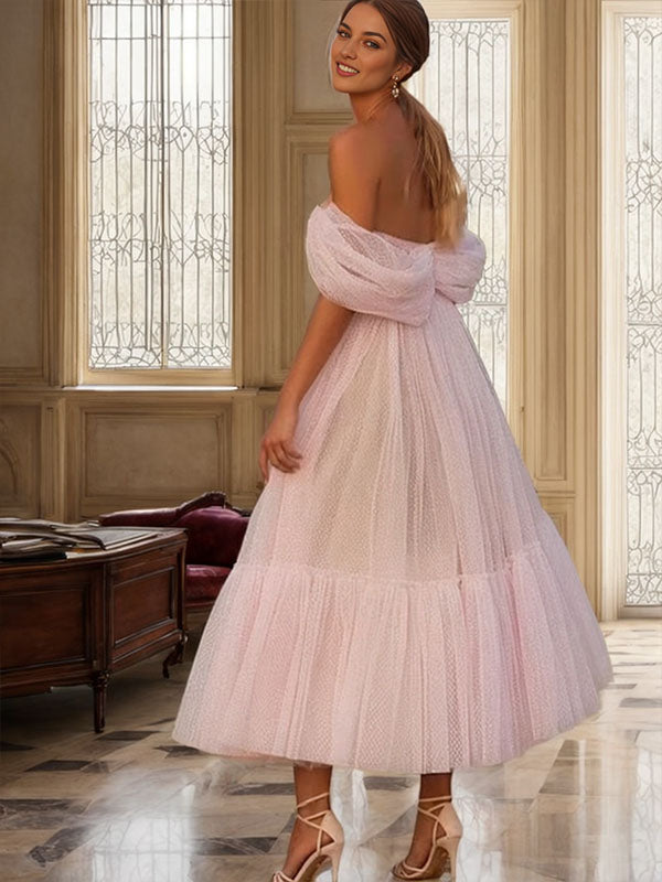 A-line Off-the-Shoulder Ruffles Tea-Length Tulle Dress