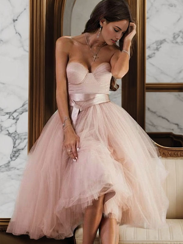 A-line Sweetheart Pleated Tea-Length Tulle Dress
