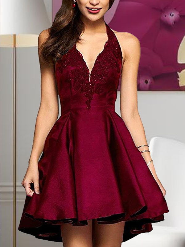 A-line V-neck Ruffles Short/Mini Satin Dress