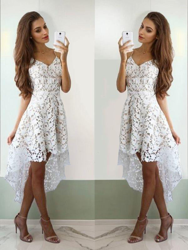 A-line Spaghetti Straps Ruffles Short/Mini Lace Dress