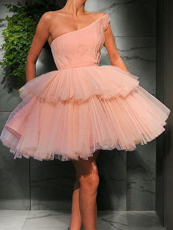 A-line One-Shoulder Pleated Short/Mini Tulle Dress
