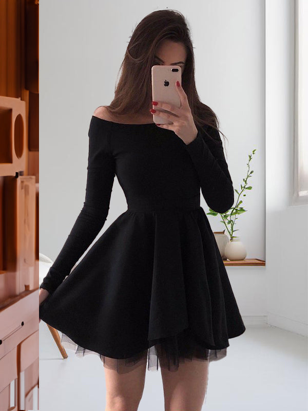 A-line Off-the-Shoulder Long Sleeves Ruffles Short/Mini Stretch Crepe Dress