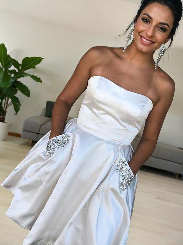A-line Strapless Ruffles Short/Mini Satin Dress