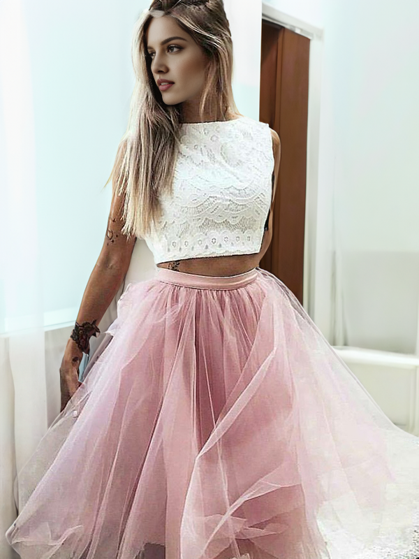 A-line Bateau Ruffles Knee-Length Tulle Dress