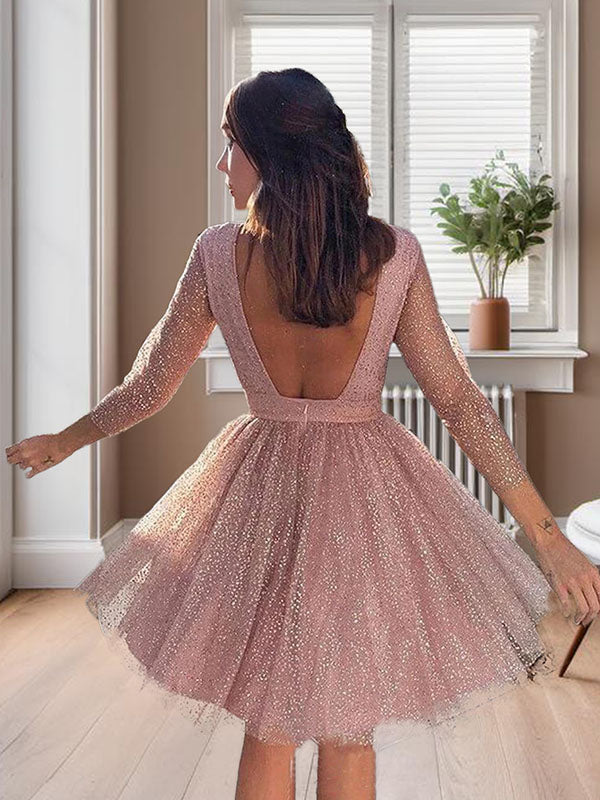 A-line Scoop 3/4 Sleeves Ruffles Short/Mini Dress