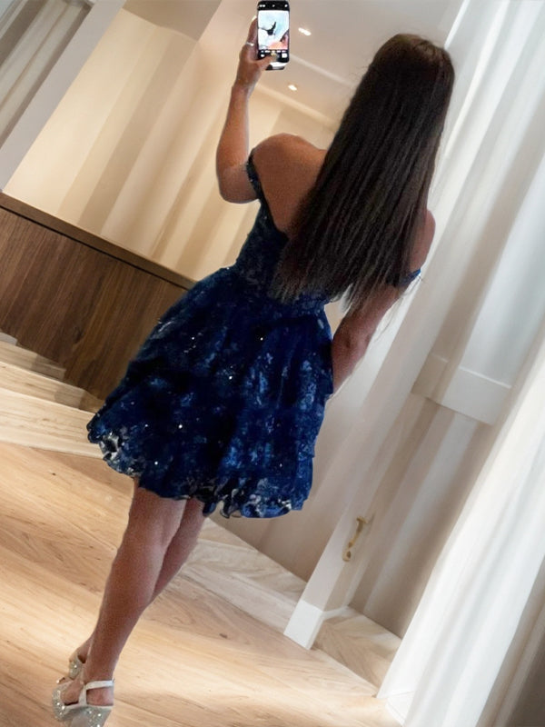A-line Off-the-Shoulder Appliques Lace Short/Mini Tulle Corset Dress