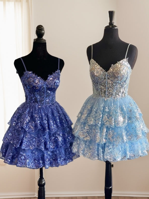A-line V-neck Appliques Lace Short/Mini Tulle Corset Dress