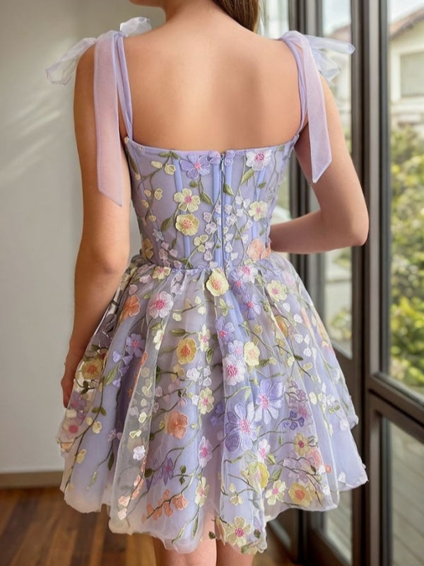 A-line Straps Appliques Lace Short/Mini Tulle Corset Dress