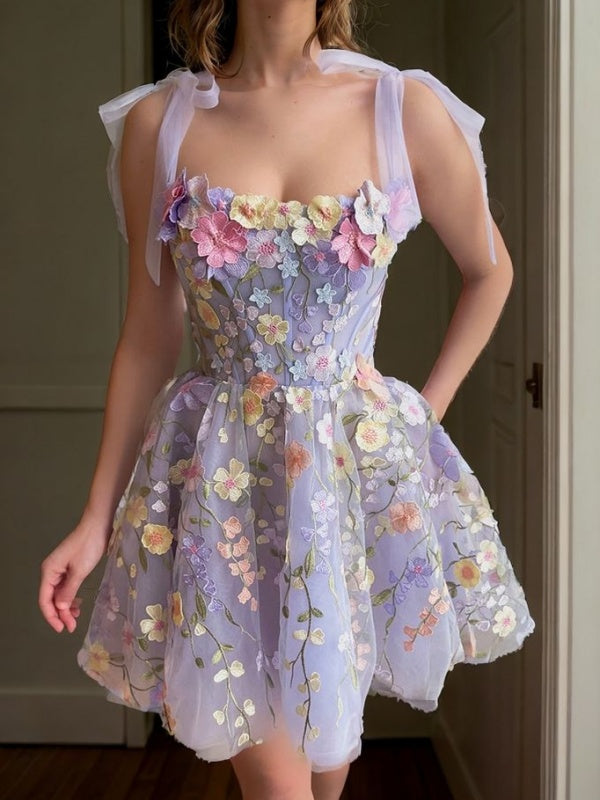 A-line Straps Appliques Lace Short/Mini Tulle Corset Dress