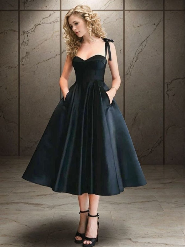 A-line Sweetheart Ruffles Tea-Length Satin Dress