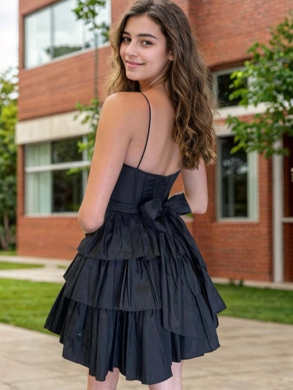 A-line Spaghetti Straps Cascading Ruffles Short/Mini Taffeta Corset Dress