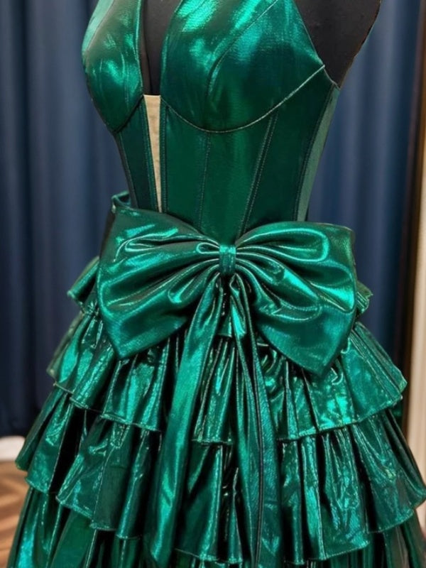 A-line Halter Bow Short/Mini Metallic Satin Dress